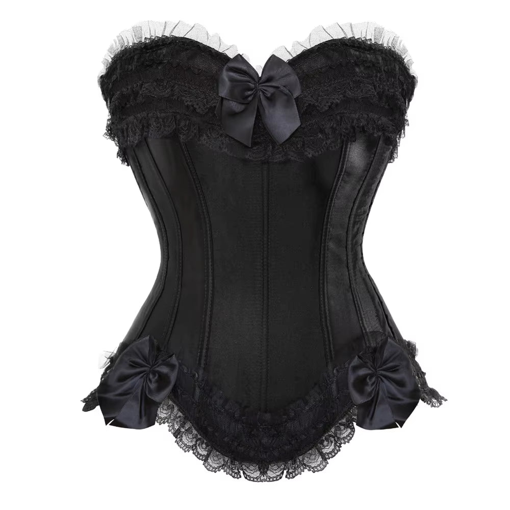 Sexy Satin Overbust Corset Top Lace Bowknot Decorated Clubwear Showgirl Body Shaper plus Size