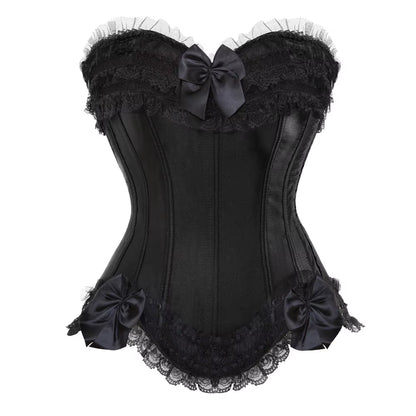 Sexy Satin Overbust Corset Top Lace Bowknot Decorated Clubwear Showgirl Body Shaper plus Size