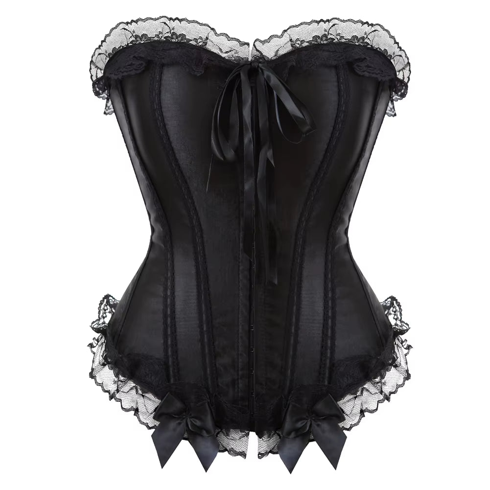 Sexy Satin Overbust Corset Top Lace Bowknot Decorated Clubwear Showgirl Body Shaper plus Size