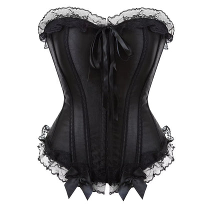 Sexy Satin Overbust Corset Top Lace Bowknot Decorated Clubwear Showgirl Body Shaper plus Size