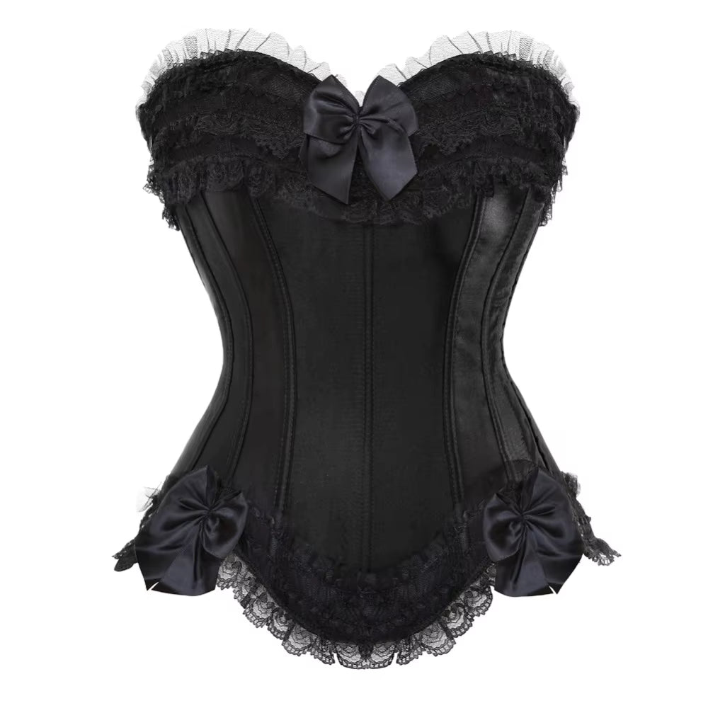 Sexy Satin Overbust Corset Top Lace Bowknot Decorated Clubwear Showgirl Body Shaper plus Size