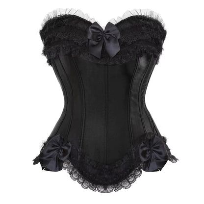 Sexy Satin Overbust Corset Top Lace Bowknot Decorated Clubwear Showgirl Body Shaper plus Size