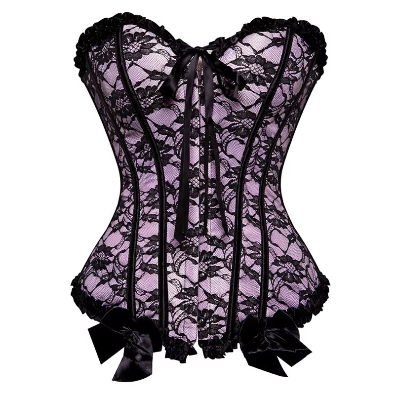Sexy Satin Overbust Corset Top Lace Bowknot Decorated Clubwear Showgirl Body Shaper plus Size