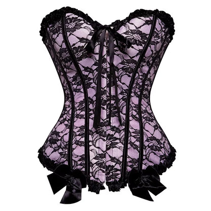 Sexy Satin Overbust Corset Top Lace Bowknot Decorated Clubwear Showgirl Body Shaper plus Size