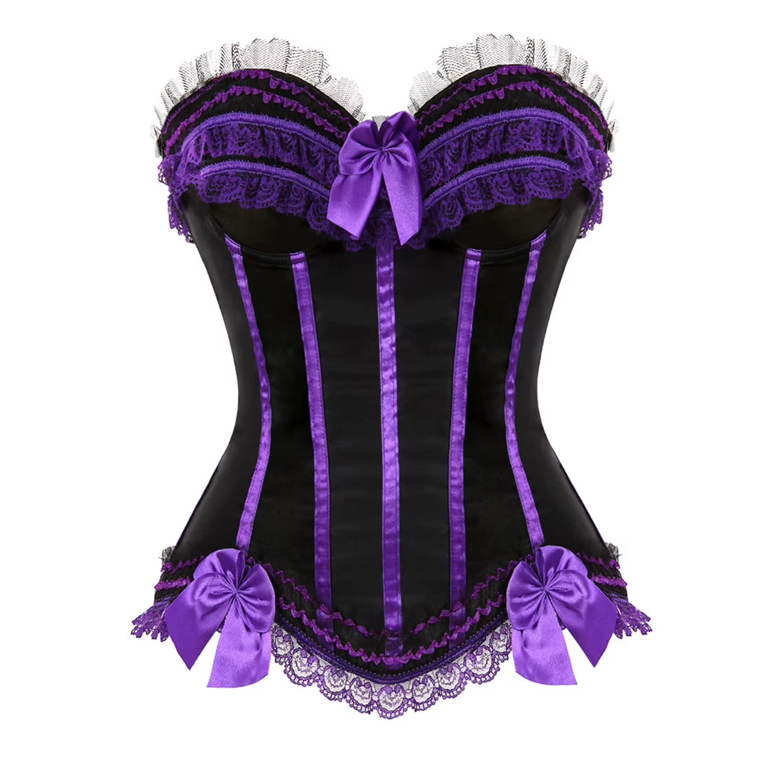 Sexy Satin Overbust Corset Top Lace Bowknot Decorated Clubwear Showgirl Body Shaper plus Size