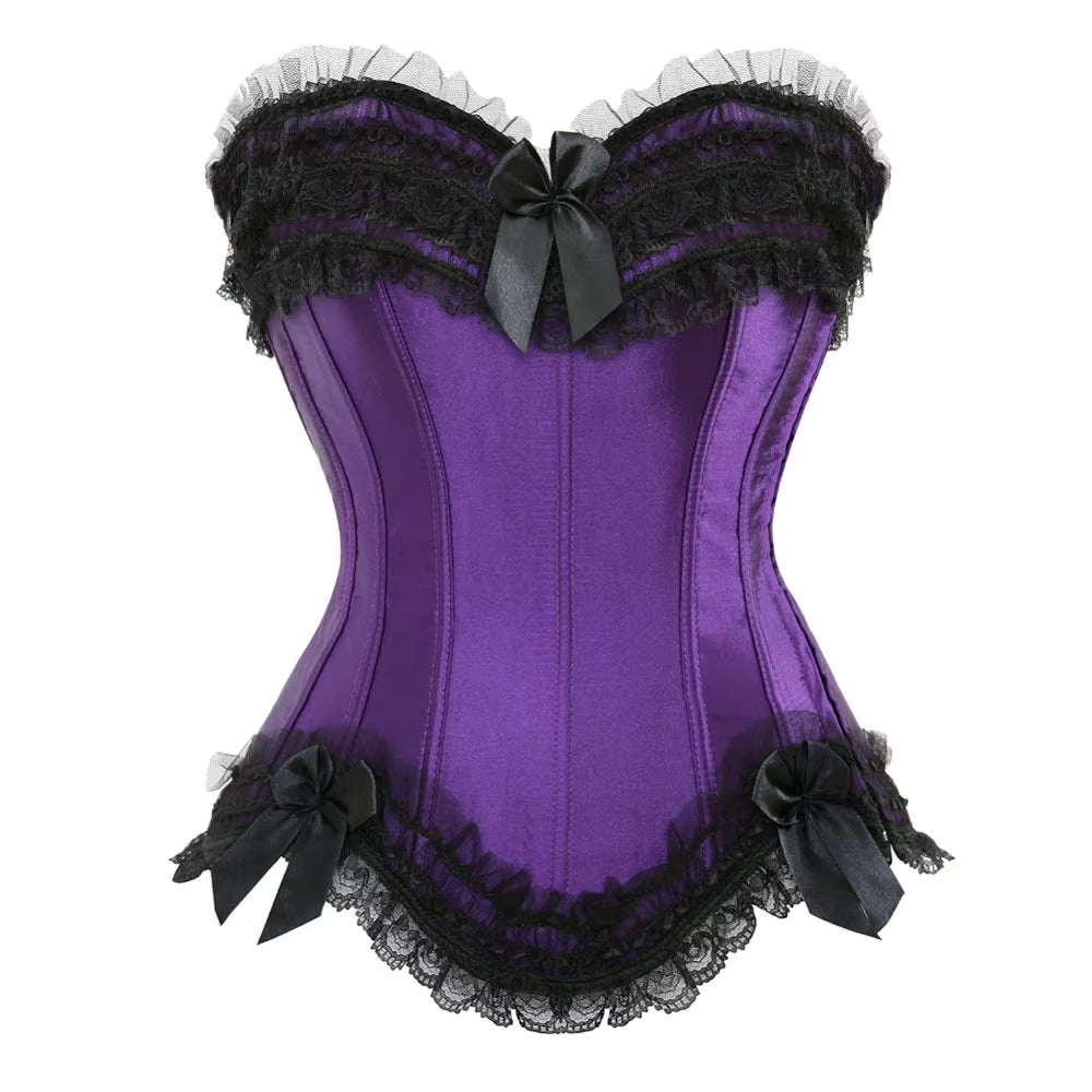 Sexy Satin Overbust Corset Top Lace Bowknot Decorated Clubwear Showgirl Body Shaper plus Size