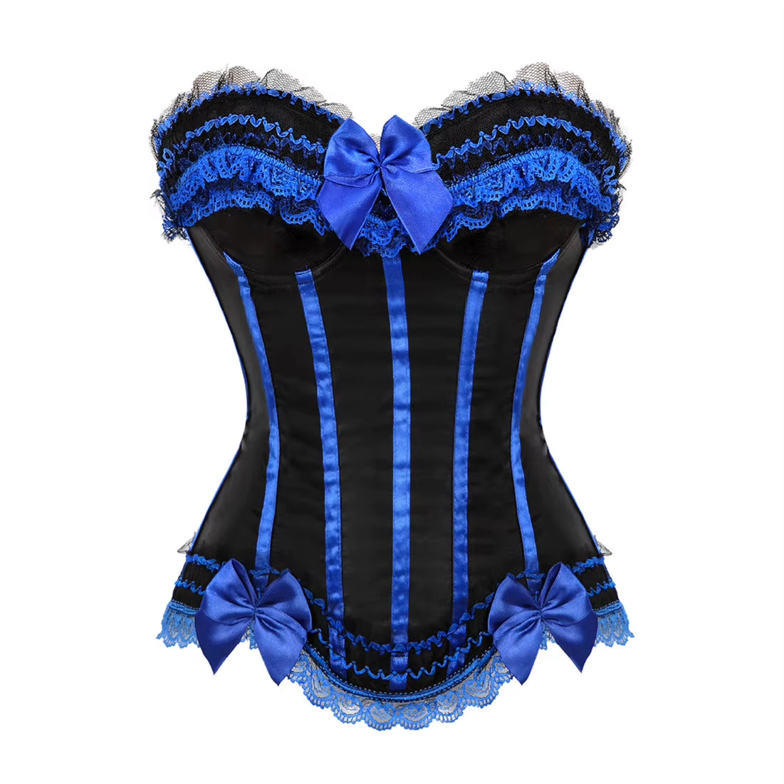Sexy Satin Overbust Corset Top Lace Bowknot Decorated Clubwear Showgirl Body Shaper plus Size
