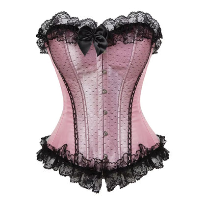 Sexy Satin Overbust Corset Top Lace Bowknot Decorated Clubwear Showgirl Body Shaper plus Size