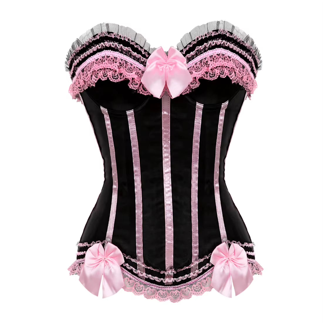 Sexy Satin Overbust Corset Top Lace Bowknot Decorated Clubwear Showgirl Body Shaper plus Size