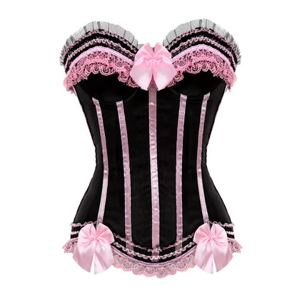 Sexy Satin Overbust Corset Top Lace Bowknot Decorated Clubwear Showgirl Body Shaper plus Size