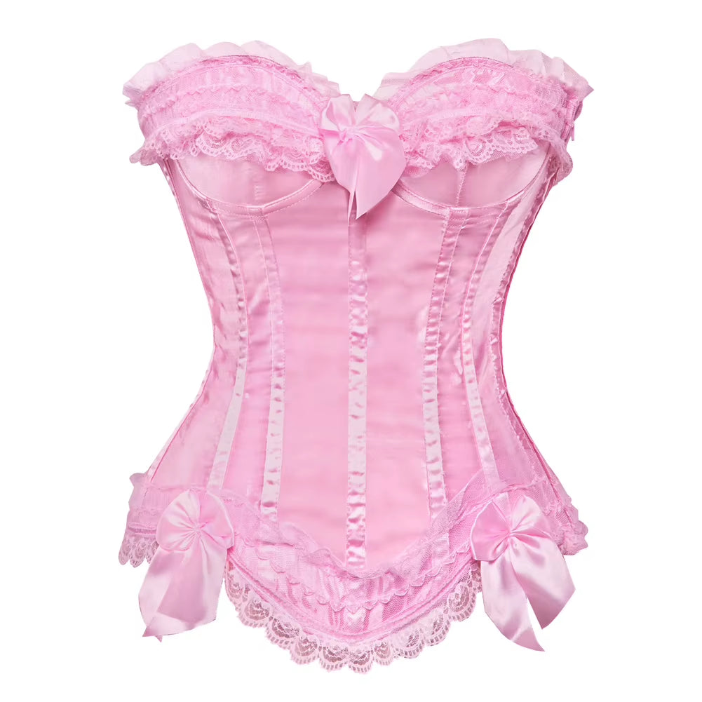 Sexy Satin Overbust Corset Top Lace Bowknot Decorated Clubwear Showgirl Body Shaper plus Size
