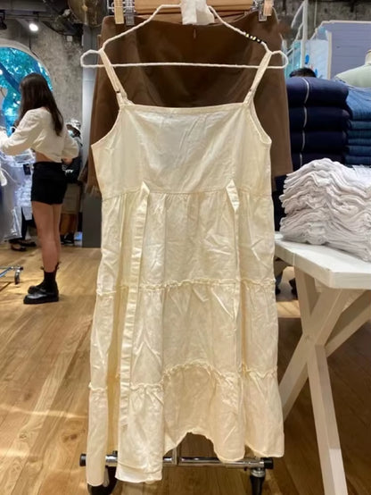 Casual Women White Front Buttons Lace Spliced Sling Dress 2023 Summer Vintage Square Collar Sleeveless Female Chic Bottoms