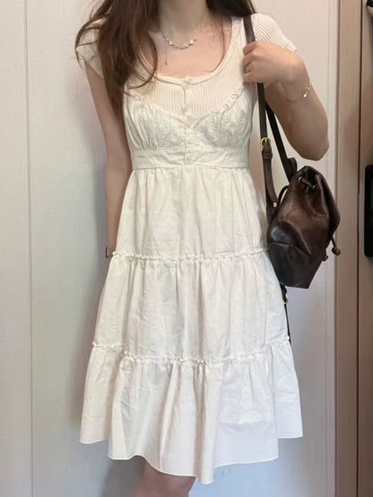 Casual Women White Front Buttons Lace Spliced Sling Dress 2023 Summer Vintage Square Collar Sleeveless Female Chic Bottoms