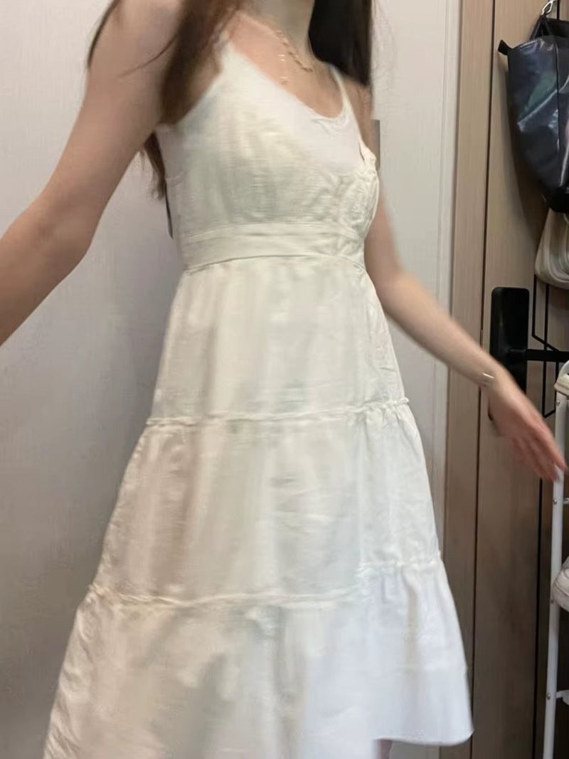 Casual Women White Front Buttons Lace Spliced Sling Dress 2023 Summer Vintage Square Collar Sleeveless Female Chic Bottoms