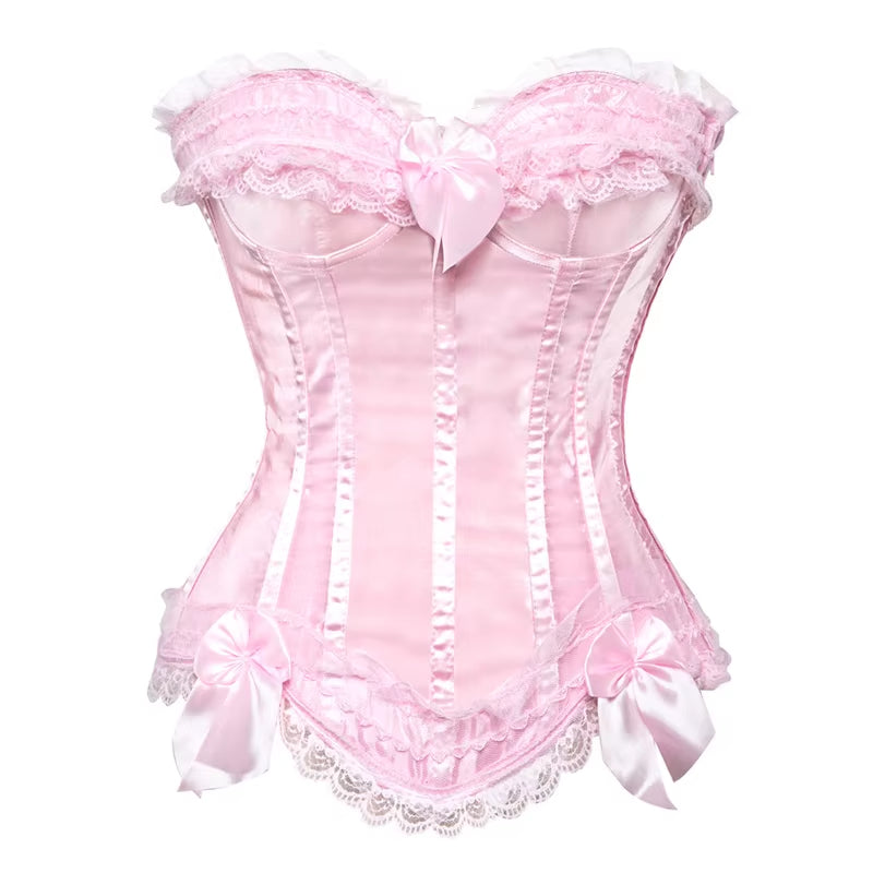 Sexy Satin Overbust Corset Top Lace Bowknot Decorated Clubwear Showgirl Body Shaper plus Size