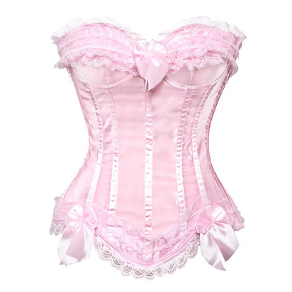 Sexy Satin Overbust Corset Top Lace Bowknot Decorated Clubwear Showgirl Body Shaper plus Size