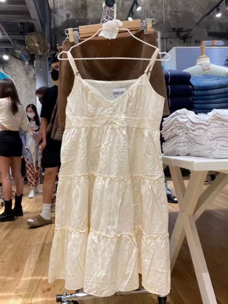 Casual Women White Front Buttons Lace Spliced Sling Dress 2023 Summer Vintage Square Collar Sleeveless Female Chic Bottoms