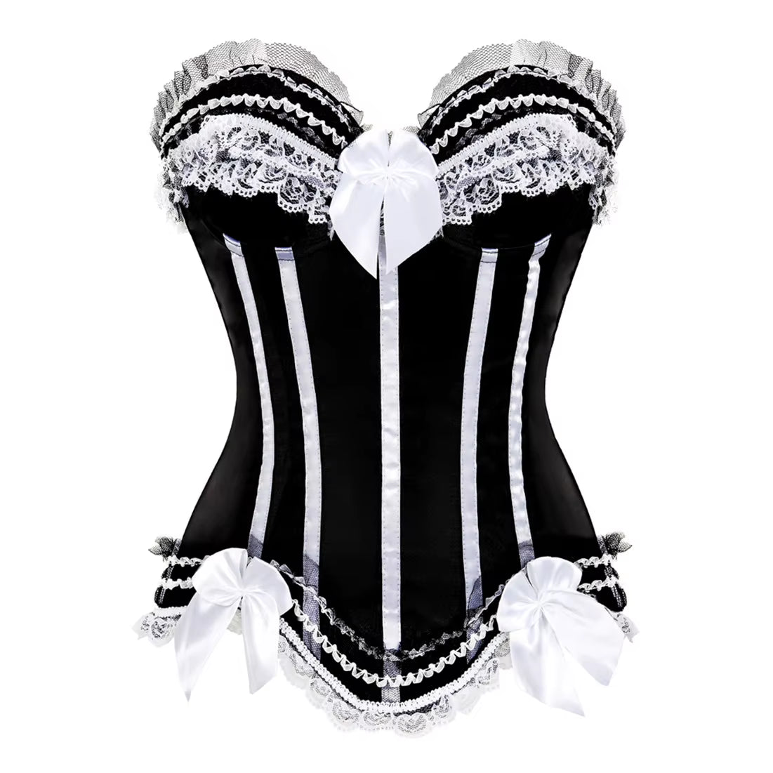 Sexy Satin Overbust Corset Top Lace Bowknot Decorated Clubwear Showgirl Body Shaper plus Size
