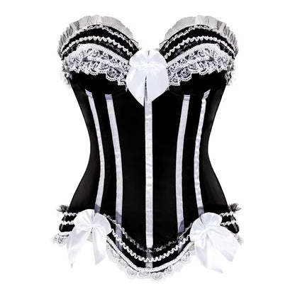 Sexy Satin Overbust Corset Top Lace Bowknot Decorated Clubwear Showgirl Body Shaper plus Size
