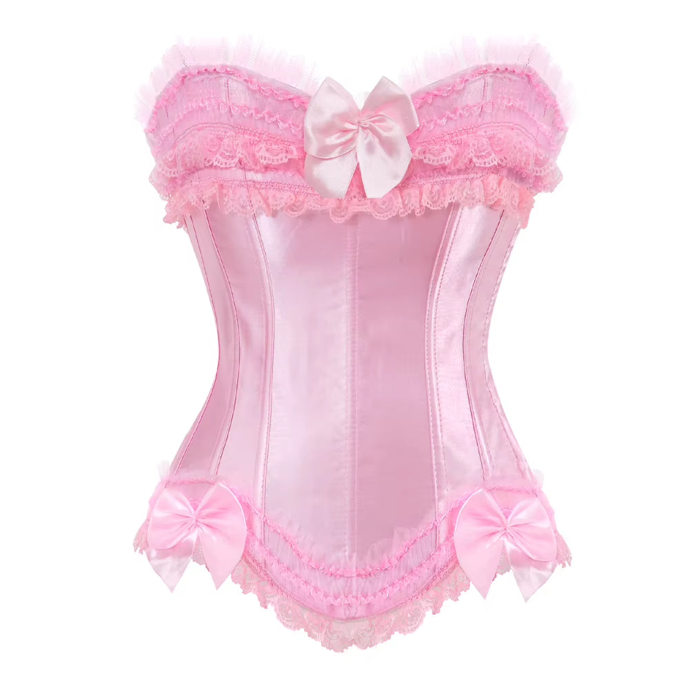 Sexy Satin Overbust Corset Top Lace Bowknot Decorated Clubwear Showgirl Body Shaper plus Size