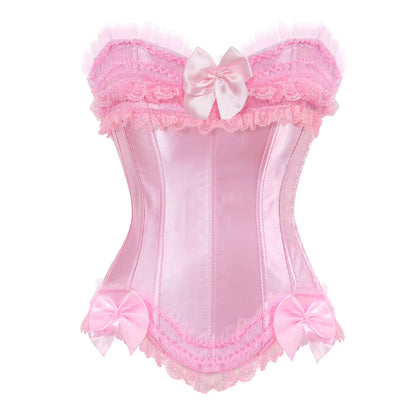 Sexy Satin Overbust Corset Top Lace Bowknot Decorated Clubwear Showgirl Body Shaper plus Size