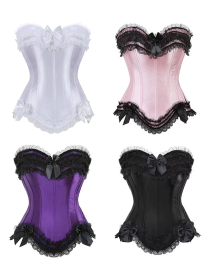 Sexy Satin Overbust Corset Top Lace Bowknot Decorated Clubwear Showgirl Body Shaper plus Size