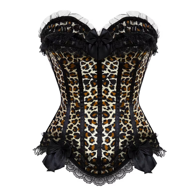 Sexy Satin Overbust Corset Top Lace Bowknot Decorated Clubwear Showgirl Body Shaper plus Size