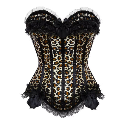 Sexy Satin Overbust Corset Top Lace Bowknot Decorated Clubwear Showgirl Body Shaper plus Size