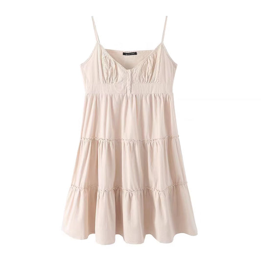 Casual Women White Front Buttons Lace Spliced Sling Dress 2023 Summer Vintage Square Collar Sleeveless Female Chic Bottoms