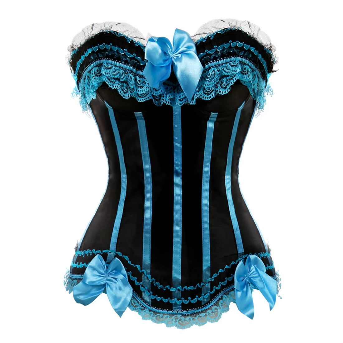 Sexy Satin Overbust Corset Top Lace Bowknot Decorated Clubwear Showgirl Body Shaper plus Size