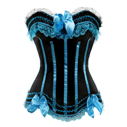 Sexy Satin Overbust Corset Top Lace Bowknot Decorated Clubwear Showgirl Body Shaper plus Size
