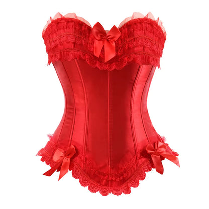 Sexy Satin Overbust Corset Top Lace Bowknot Decorated Clubwear Showgirl Body Shaper plus Size