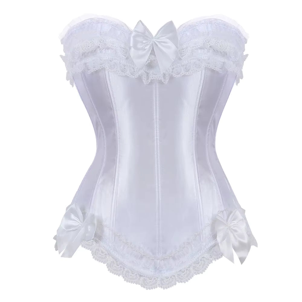 Sexy Satin Overbust Corset Top Lace Bowknot Decorated Clubwear Showgirl Body Shaper plus Size