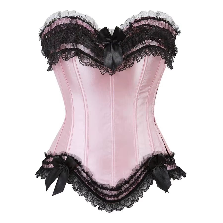 Sexy Satin Overbust Corset Top Lace Bowknot Decorated Clubwear Showgirl Body Shaper plus Size