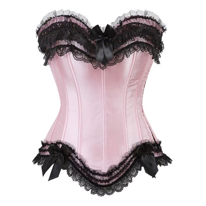 Sexy Satin Overbust Corset Top Lace Bowknot Decorated Clubwear Showgirl Body Shaper plus Size