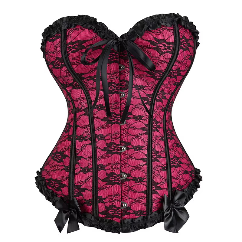 Sexy Satin Overbust Corset Top Lace Bowknot Decorated Clubwear Showgirl Body Shaper plus Size