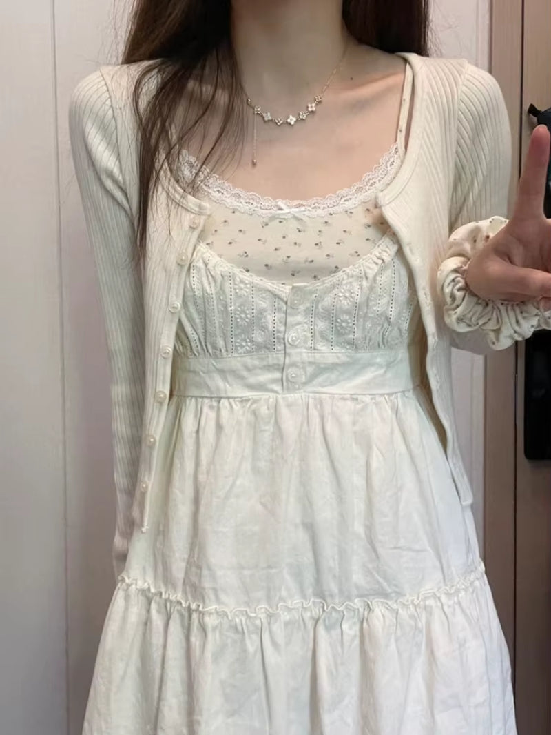 Casual Women White Front Buttons Lace Spliced Sling Dress 2023 Summer Vintage Square Collar Sleeveless Female Chic Bottoms