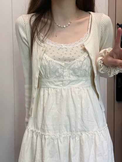 Casual Women White Front Buttons Lace Spliced Sling Dress 2023 Summer Vintage Square Collar Sleeveless Female Chic Bottoms