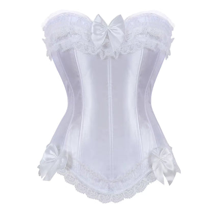 Sexy Satin Overbust Corset Top Lace Bowknot Decorated Clubwear Showgirl Body Shaper plus Size