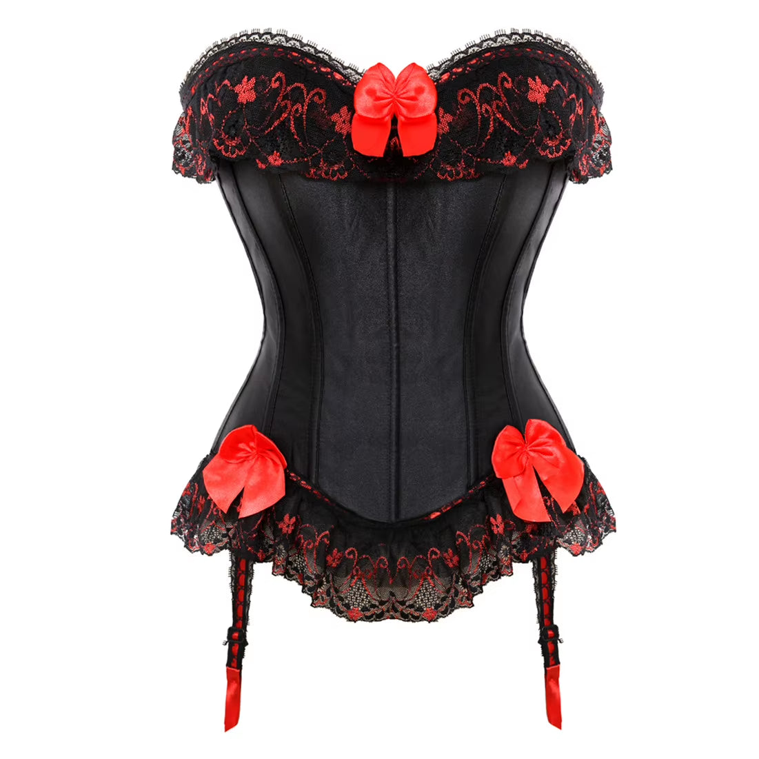 Sexy Satin Overbust Corset Top Lace Bowknot Decorated Clubwear Showgirl Body Shaper plus Size