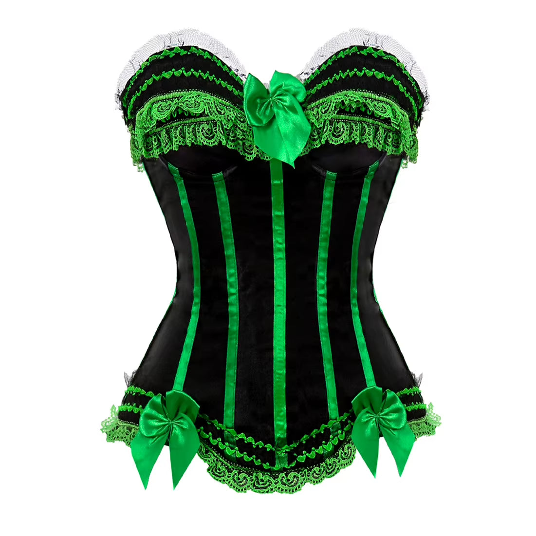Sexy Satin Overbust Corset Top Lace Bowknot Decorated Clubwear Showgirl Body Shaper plus Size