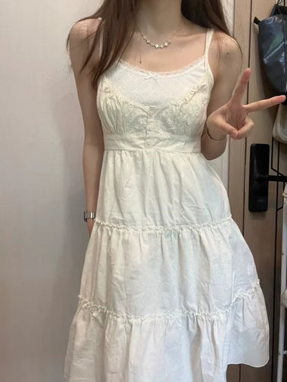 Casual Women White Front Buttons Lace Spliced Sling Dress 2023 Summer Vintage Square Collar Sleeveless Female Chic Bottoms