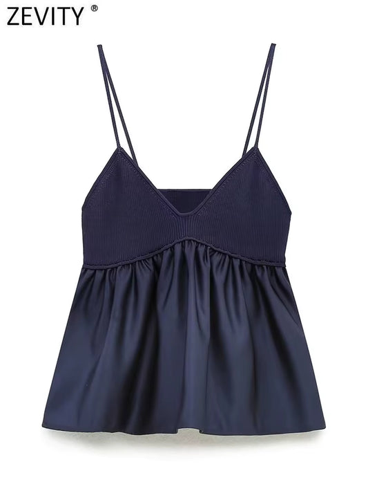 Women Sexy V Neck Knitting Patchwork Hem Pleats Sling Smock Blouse Female Shirt Blusas Chic Tops LS3689