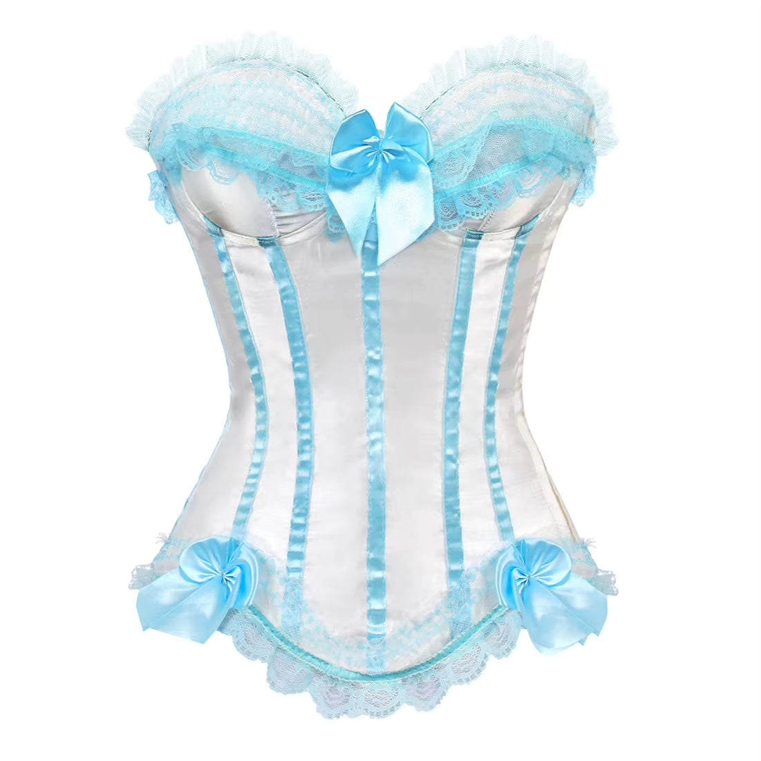 Sexy Satin Overbust Corset Top Lace Bowknot Decorated Clubwear Showgirl Body Shaper plus Size