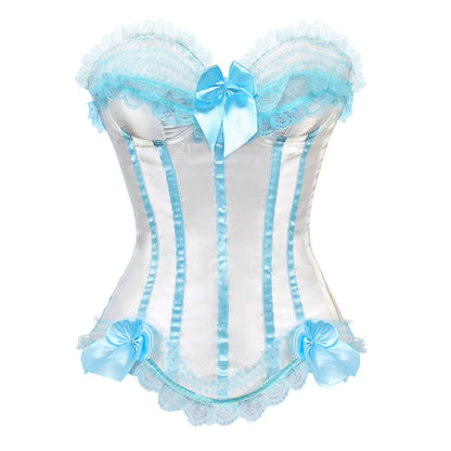 Sexy Satin Overbust Corset Top Lace Bowknot Decorated Clubwear Showgirl Body Shaper plus Size